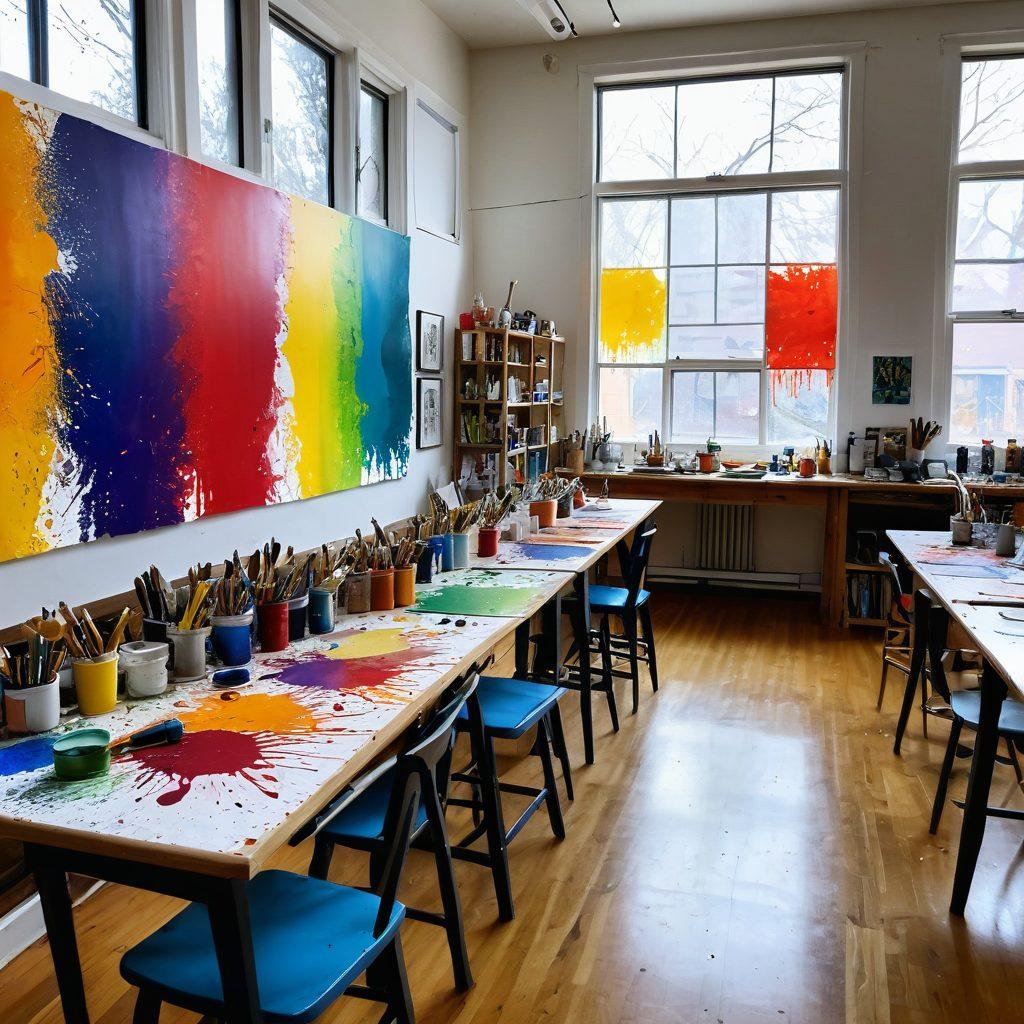 A vibrant art studio filled with colorful paint splatters and artistic tools, showcasing a collaborative workspace where joyful artists create unique designs. Include smiling individuals of diverse backgrounds engaging in fun crafting activities, surrounded by lively artworks on the walls. Natural light streams in through large windows, illuminating the creative chaos. super-realistic. vibrant colors. warm atmosphere.