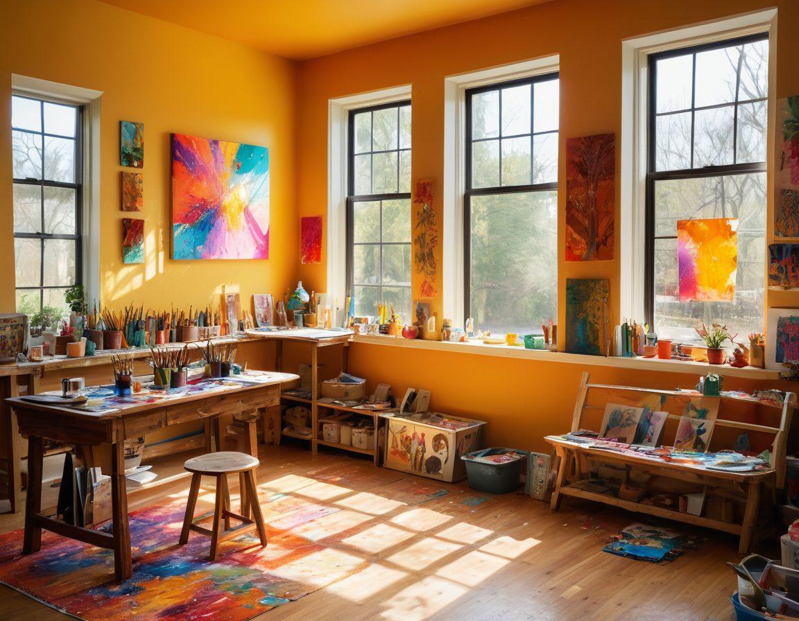 A vibrant creative studio filled with colorful art supplies, canvases splashed with paint, and joyful artists collaborating on imaginative designs. The atmosphere is alive with energy and creativity, showcasing various art styles like abstract and playful sculptures. Sunlight pours in through large windows, casting a warm glow on the scene. The walls are adorned with inspiring quotes and unique artworks that inspire creativity. vibrant colors. super-realistic.