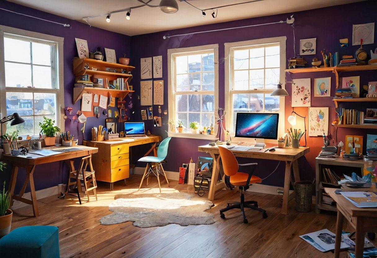 A vibrant scene depicting an artist's workspace filled with colorful sketches and animated characters coming to life. A whimsical character is in the center, joyfully drawing ideas that transform into swirling animations. Surrounding the workspace are floating elements representing imagination, like light bulbs and clouds of creativity. The overall atmosphere is enchanting and lively, showcasing the journey of creativity. super-realistic. vibrant colors. 3D.